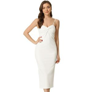 Cocktail Bodycon Dress Twist Front Spaghetti Straps Midi Dresses White